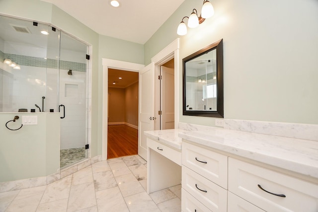 bathroom with vanity, visible vents, recessed lighting, a stall shower, and marble finish floor