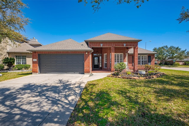 view of front of property with brick siding, a shingled roof, concrete driveway, a front yard, and a garage