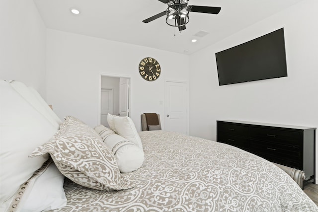 bedroom with recessed lighting and a ceiling fan