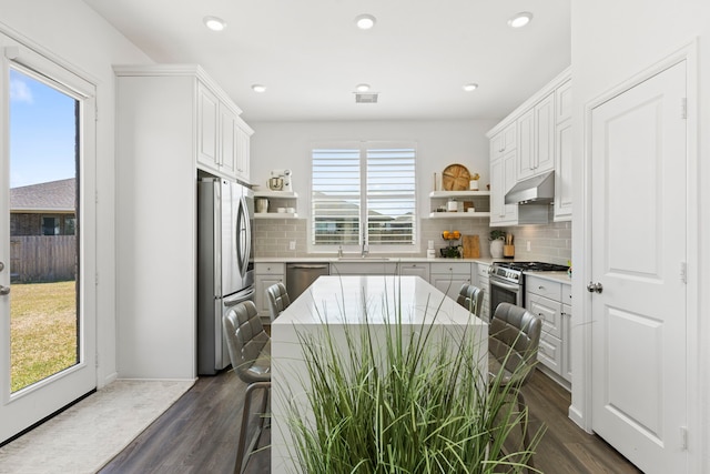 kitchen featuring visible vents, open shelves, a sink, stainless steel appliances, and under cabinet range hood