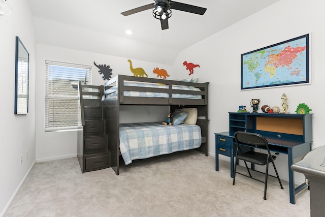 bedroom featuring a ceiling fan, baseboards, lofted ceiling, recessed lighting, and carpet flooring