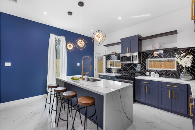 kitchen with blue cabinets, a sink, marble finish floor, open shelves, and stainless steel microwave