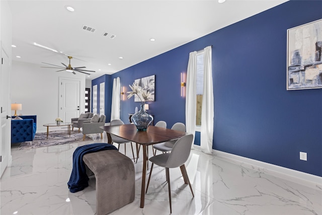 dining area with marble finish floor, a ceiling fan, visible vents, and recessed lighting