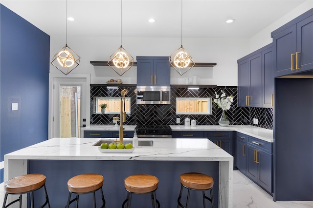 kitchen with marble finish floor, stainless steel microwave, blue cabinetry, and open shelves