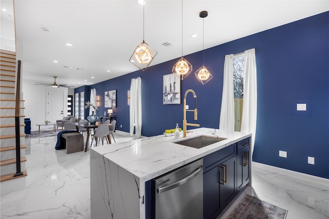 kitchen featuring pendant lighting, recessed lighting, visible vents, a sink, and dishwasher