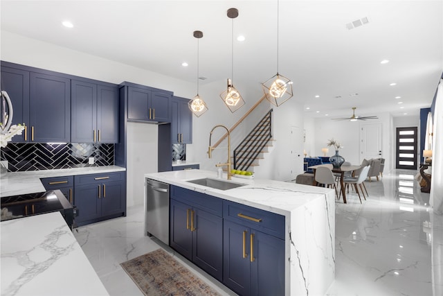 kitchen featuring blue cabinets, a sink, marble finish floor, dishwasher, and tasteful backsplash