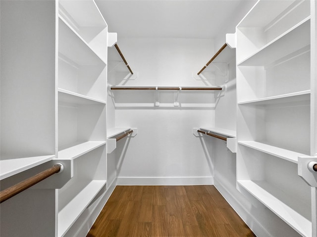 walk in closet with dark wood finished floors