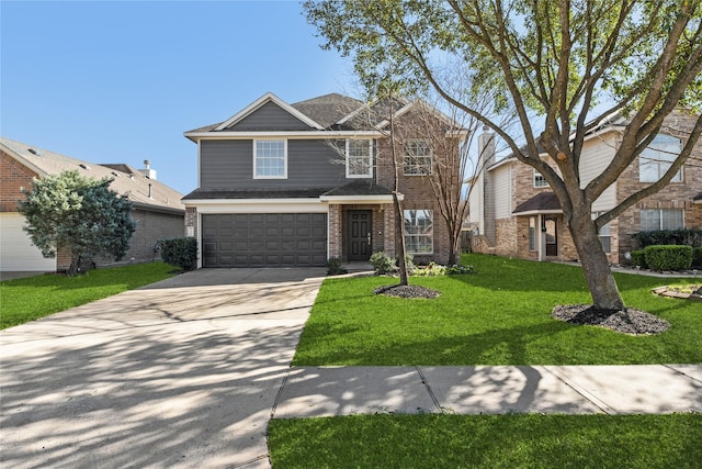 traditional home featuring a front yard, concrete driveway, brick siding, and an attached garage