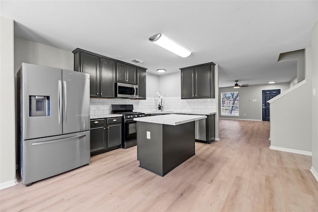 kitchen with stainless steel appliances, visible vents, light wood-type flooring, a center island, and tasteful backsplash