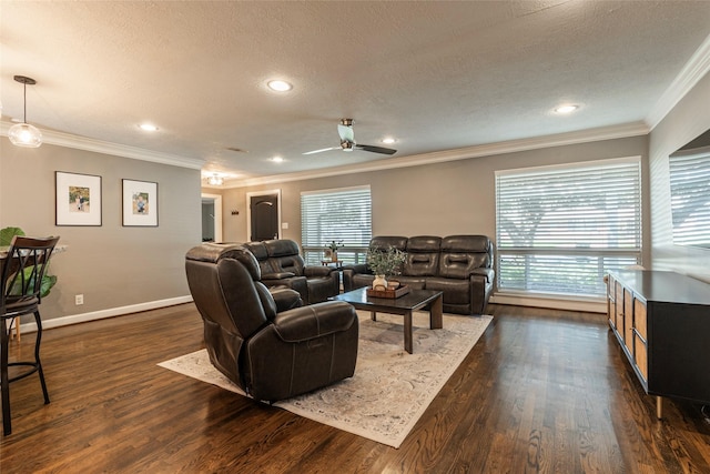 living area featuring ornamental molding, a wealth of natural light, dark wood finished floors, and baseboards