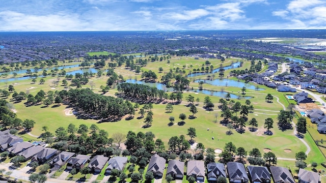 birds eye view of property featuring a water view, a residential view, and golf course view