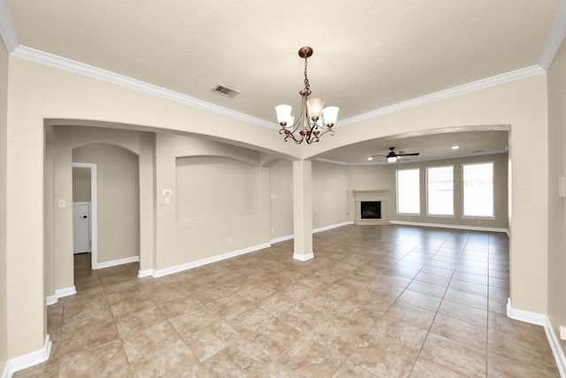 unfurnished living room featuring ornamental molding, arched walkways, visible vents, and a fireplace