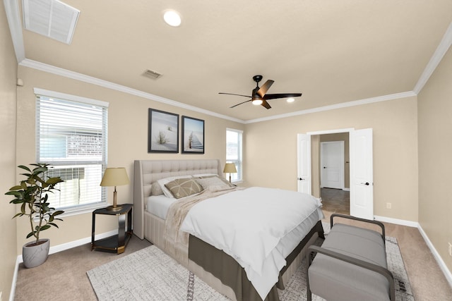 bedroom with baseboards, visible vents, and carpet flooring