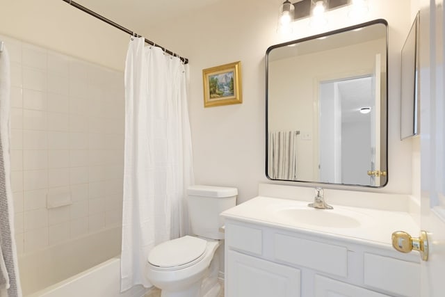 bathroom featuring shower / bathtub combination with curtain, toilet, and vanity