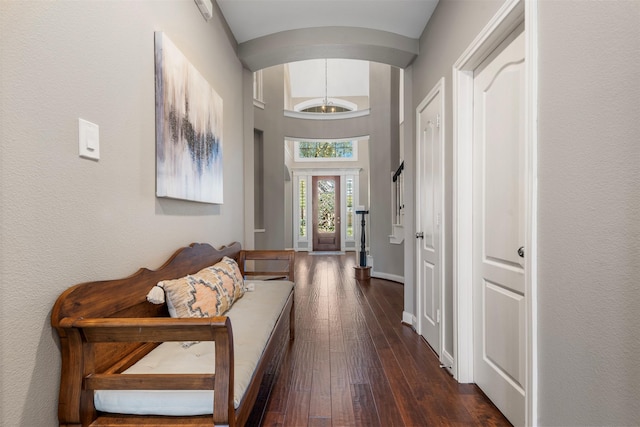 interior space featuring dark wood-style floors, baseboards, and arched walkways