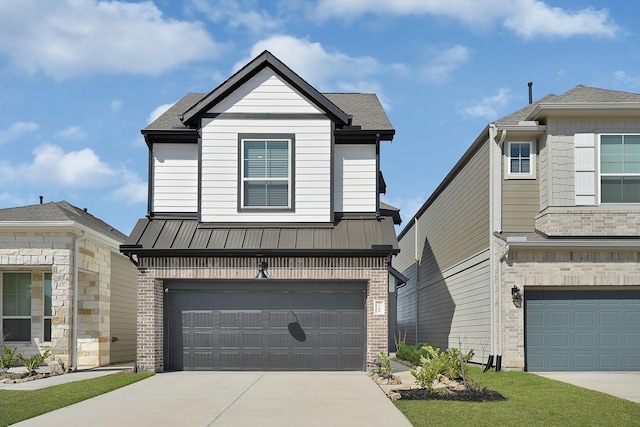 view of front of property with a garage, driveway, brick siding, and roof with shingles