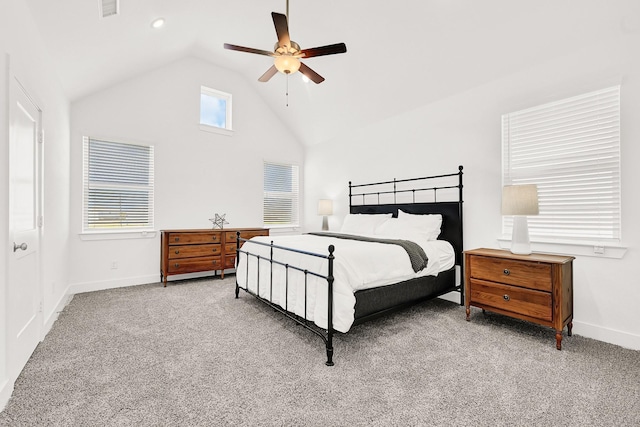 bedroom featuring carpet, visible vents, baseboards, and a ceiling fan