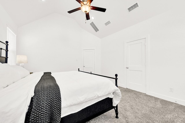 carpeted bedroom with a ceiling fan, visible vents, vaulted ceiling, and baseboards