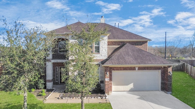 view of front of house featuring concrete driveway, an attached garage, fence, a front lawn, and brick siding