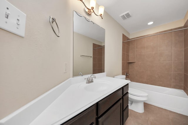 bathroom featuring bathtub / shower combination, toilet, tile patterned flooring, vanity, and visible vents