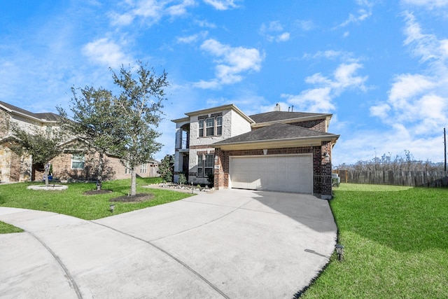 view of front of property featuring brick siding, a chimney, concrete driveway, a garage, and a front lawn