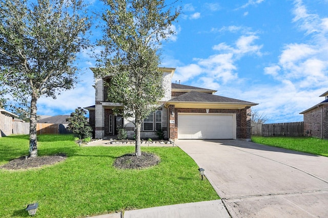 view of front of house featuring driveway, brick siding, an attached garage, fence, and a front yard