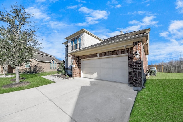 view of property exterior with brick siding, concrete driveway, and a yard