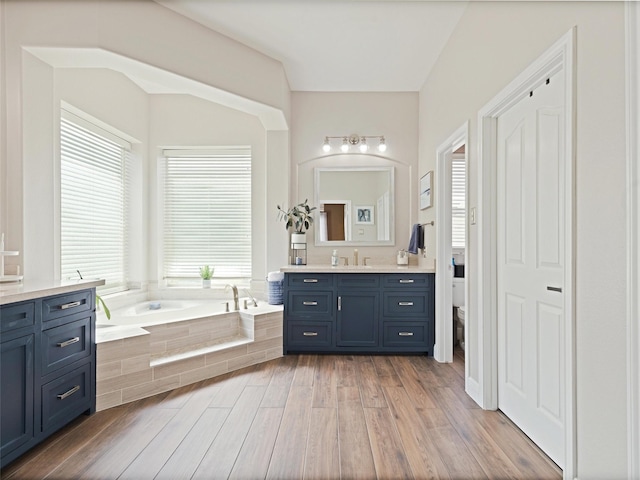 bathroom featuring vanity, toilet, a bath, and wood finished floors