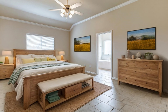 bedroom with ornamental molding, vaulted ceiling, ensuite bathroom, and light tile patterned floors