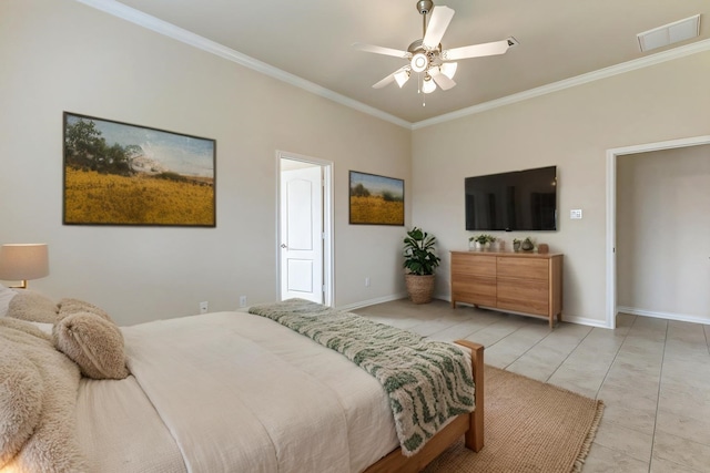 bedroom featuring baseboards, visible vents, ceiling fan, crown molding, and light tile patterned flooring