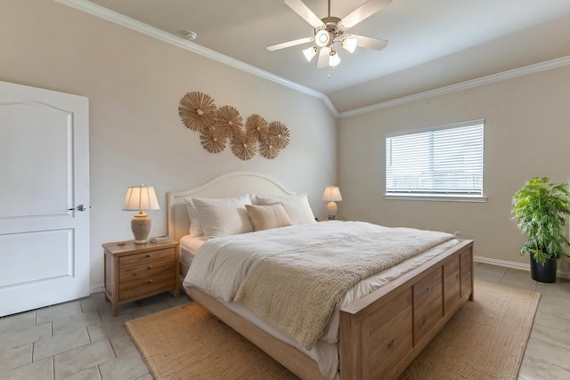 bedroom with light tile patterned floors, ornamental molding, vaulted ceiling, ceiling fan, and baseboards