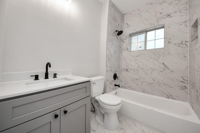 bathroom with marble finish floor, shower / bathing tub combination, vanity, and toilet