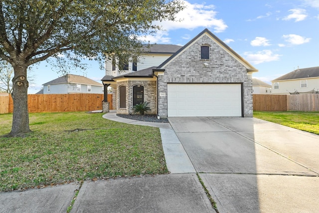 view of front of house with fence, a front lawn, concrete driveway, and brick siding