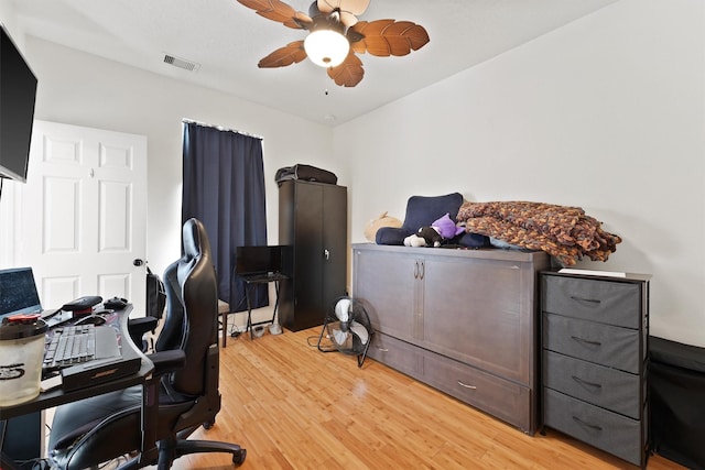 office area with light wood-type flooring, visible vents, and a ceiling fan