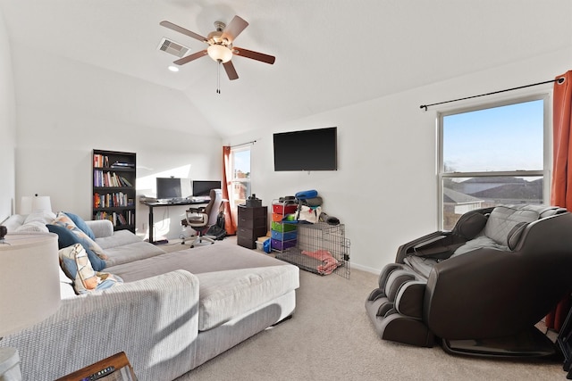 carpeted bedroom featuring ceiling fan, visible vents, vaulted ceiling, and baseboards