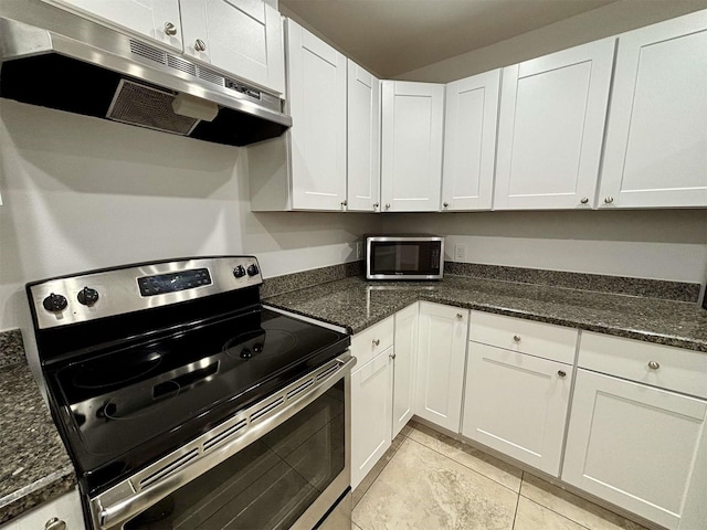 kitchen featuring stainless steel appliances, white cabinets, and under cabinet range hood