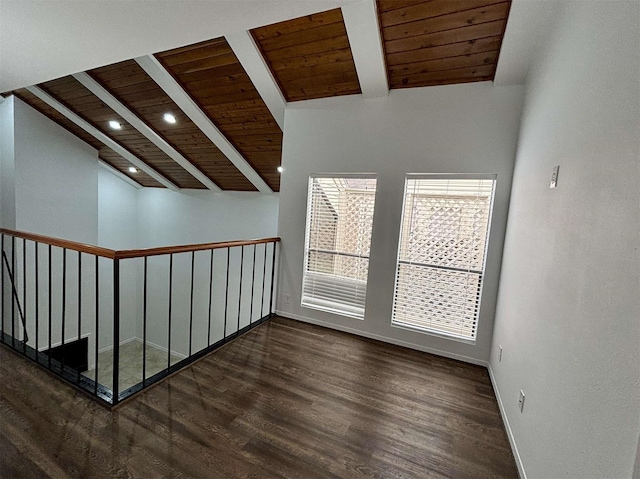 unfurnished room with wood ceiling, lofted ceiling with beams, baseboards, and wood finished floors