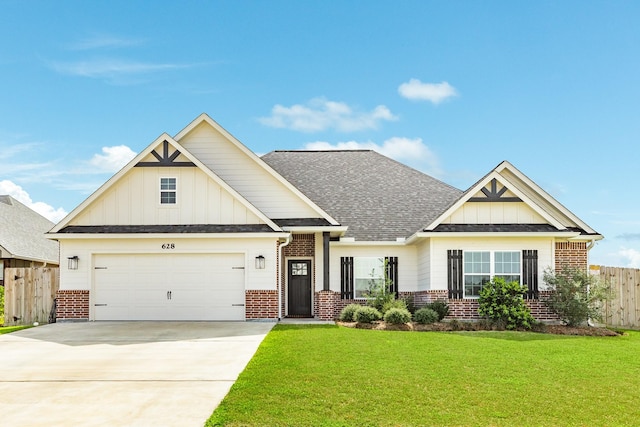 view of front of home with board and batten siding, brick siding, driveway, and a front lawn