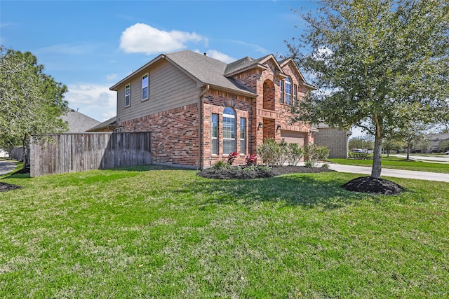 exterior space featuring a garage, brick siding, fence, concrete driveway, and a lawn