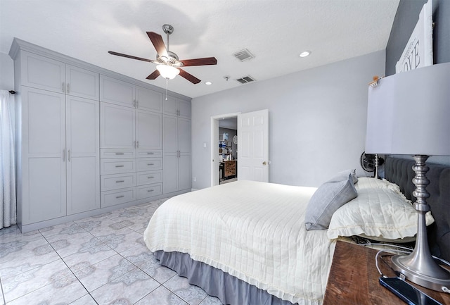 bedroom with ceiling fan, visible vents, and recessed lighting