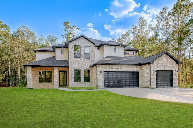 view of front facade with a garage, a front lawn, decorative driveway, and brick siding