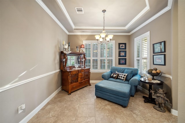 sitting room with baseboards, visible vents, a raised ceiling, and a chandelier