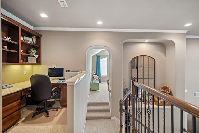 office area featuring light carpet, ornamental molding, visible vents, and recessed lighting