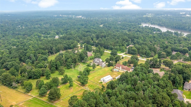 drone / aerial view featuring a water view and a view of trees