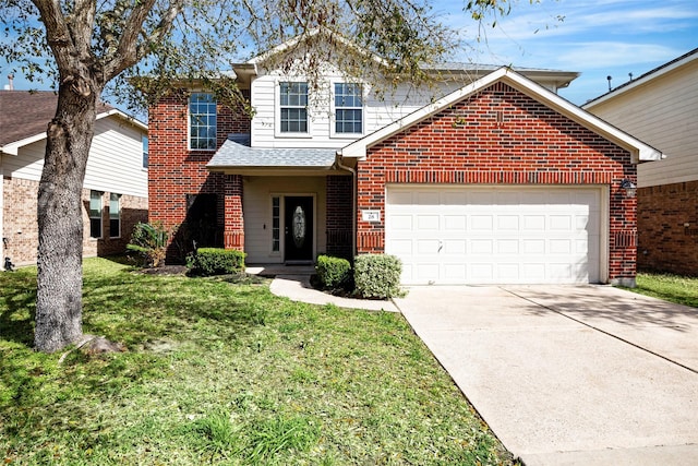 traditional home with driveway, roof with shingles, an attached garage, a front lawn, and brick siding