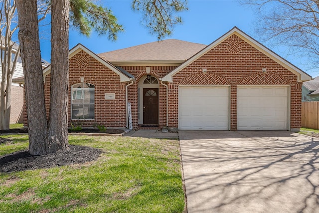 view of front of home with a garage, brick siding, a shingled roof, fence, and driveway