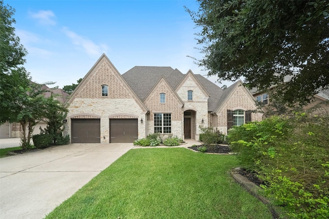 french provincial home with a garage, driveway, brick siding, and a front lawn