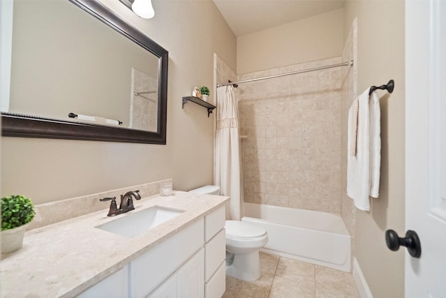 bathroom with tile patterned floors, shower / bath combo with shower curtain, toilet, and vanity