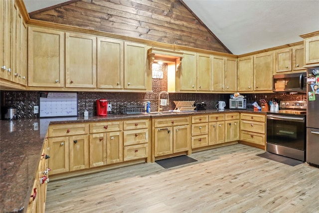 kitchen featuring lofted ceiling, light wood-type flooring, stainless steel appliances, and backsplash