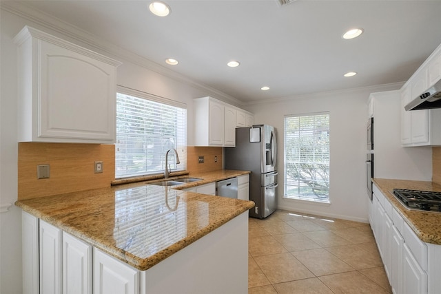 kitchen featuring a sink, stainless steel appliances, a peninsula, and white cabinets